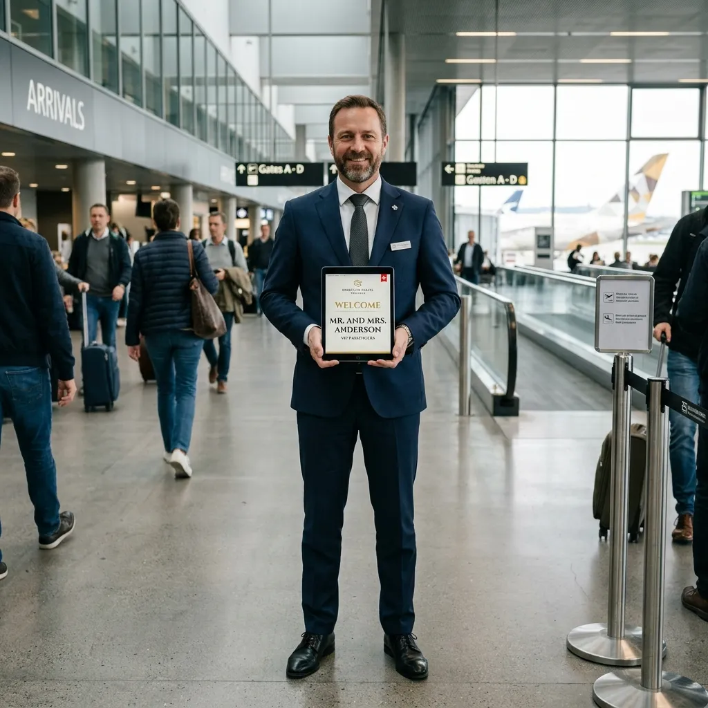 Chauffeur privé en costume accueillant un voyageur avec une pancarte personnalisée dans un aéroport parisien