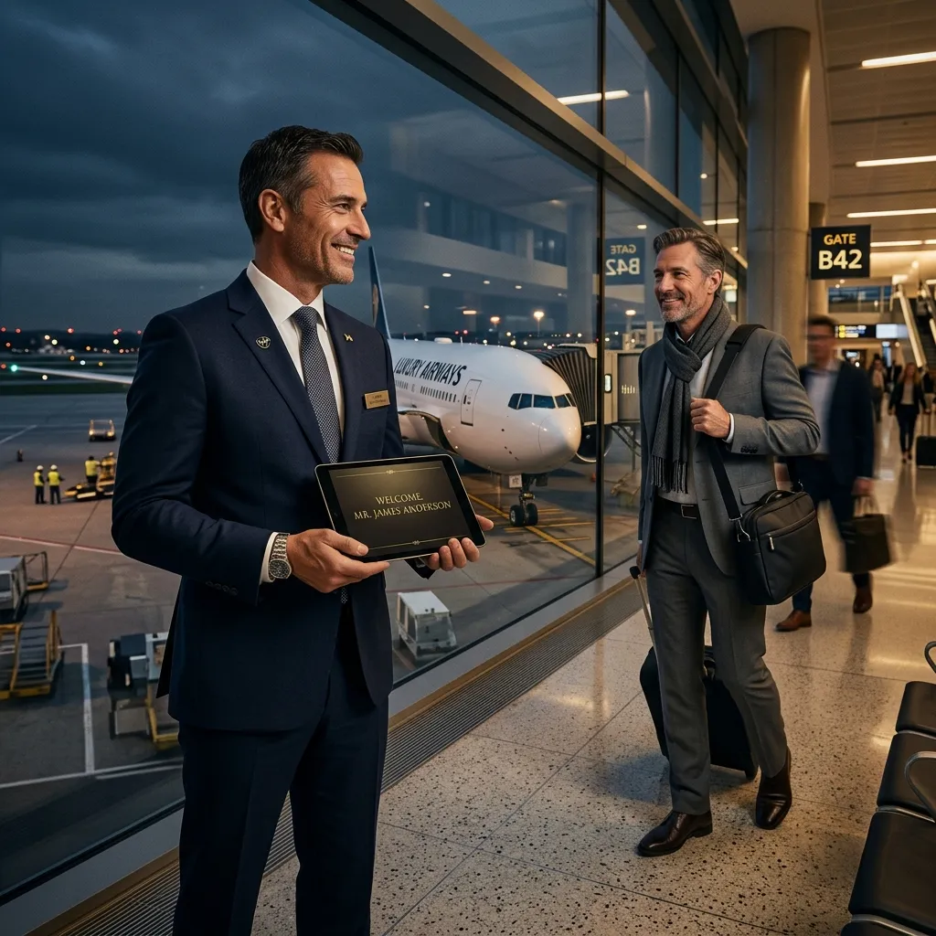 Chauffeur privé Taxi VTC Paris accueillant chaleureusement un client VIP avec une pancarte nominative à l'aéroport