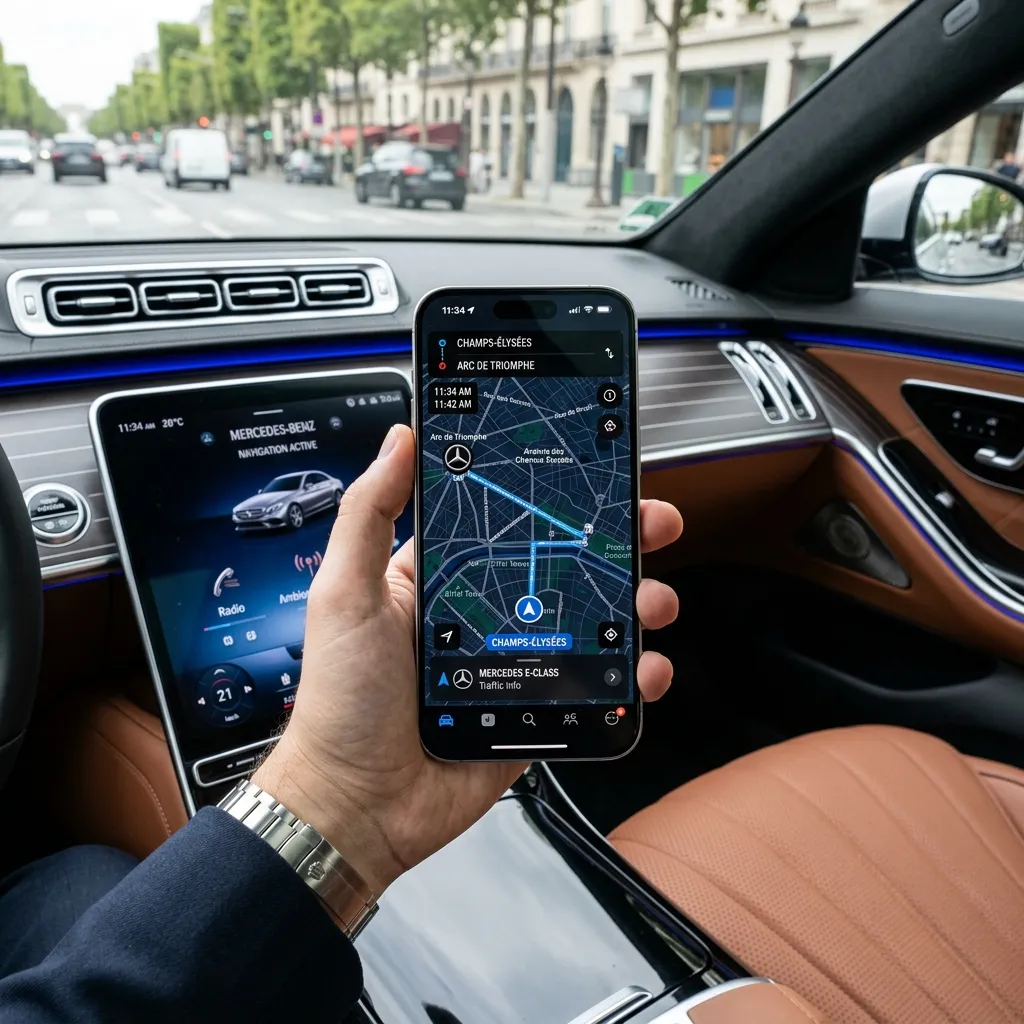 Smartphone tenu en main dans un véhicule de luxe, affichant une carte GPS de géolocalisation en temps réel du chauffeur VTC