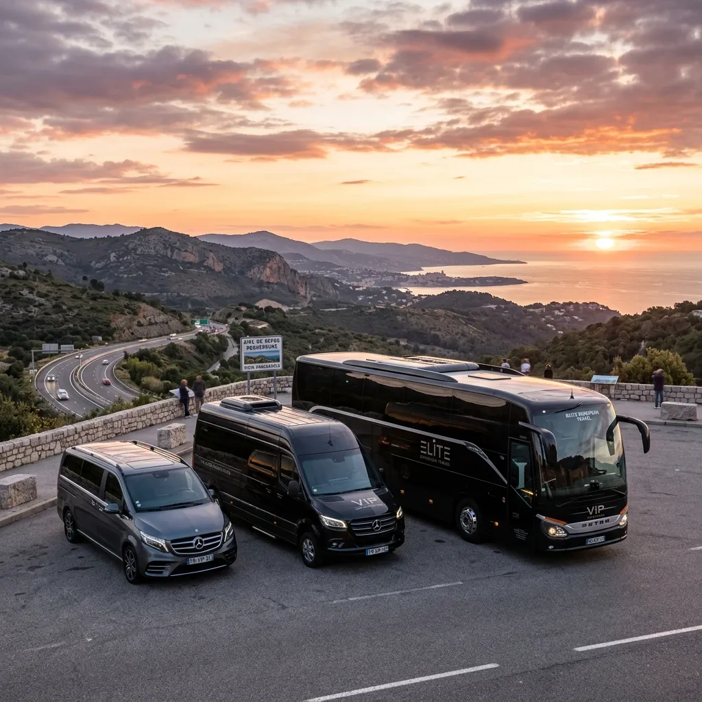 Mercedes Sprinter noir et Mercedes Classe V de luxe avec un autocar moderne haut de gamme lors d'un trajet de voyage longue distance