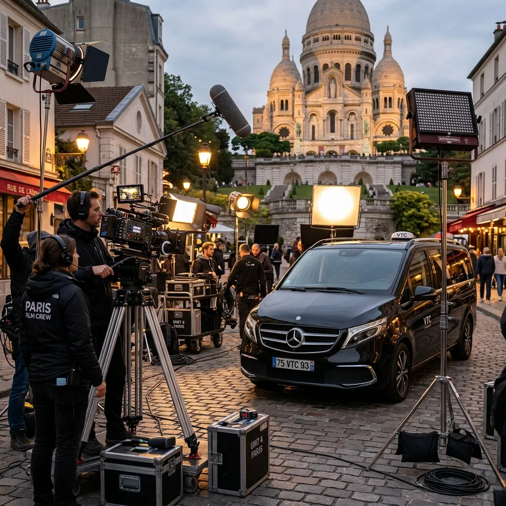 Voiture VTC de luxe Mercedes noire sur un plateau de tournage de film professionnel à Paris