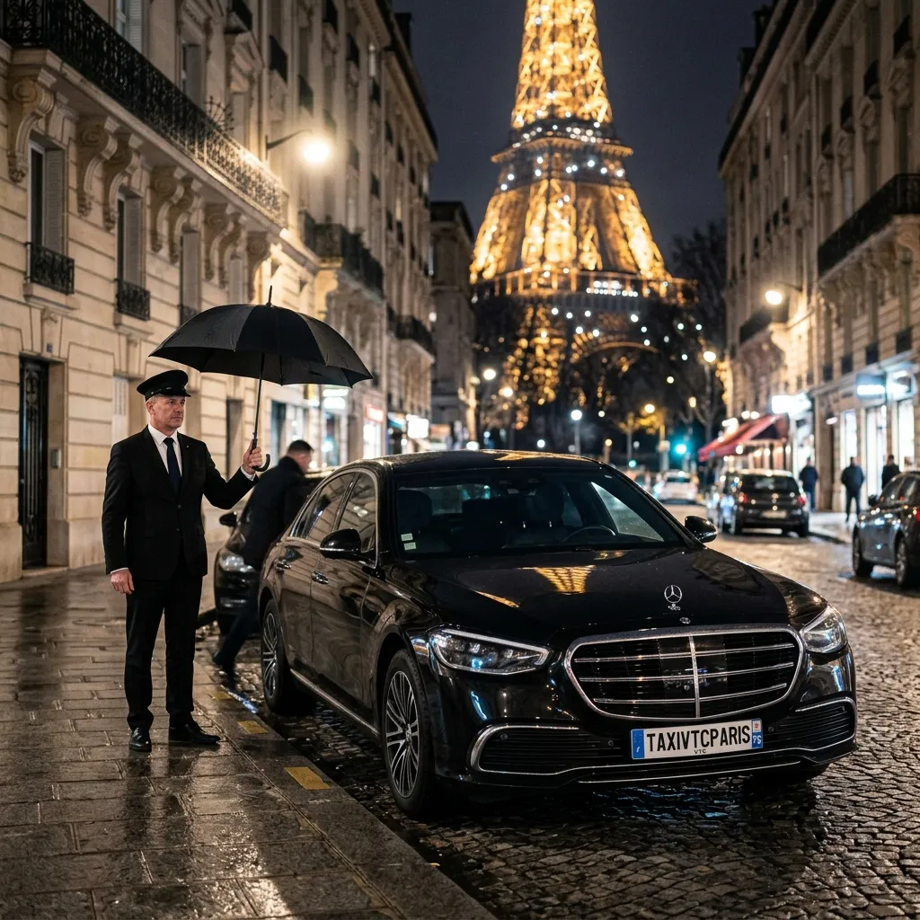 Chauffeur privé de prestige avec berline de luxe noire à Paris devant la Tour Eiffel