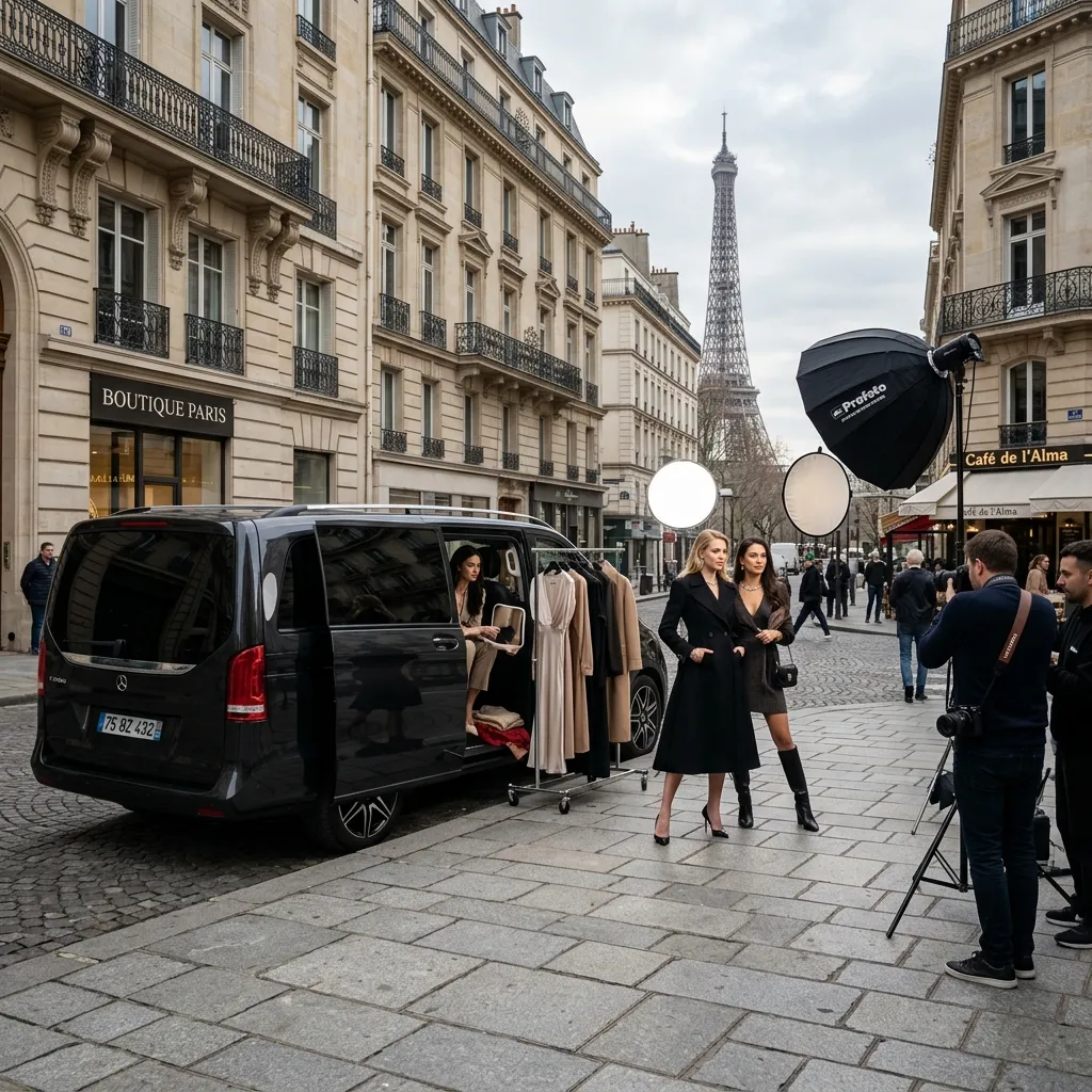 Van VTC de luxe Mercedes avec vitres teintées utilisé lors d'un shooting photo de mode à Paris
